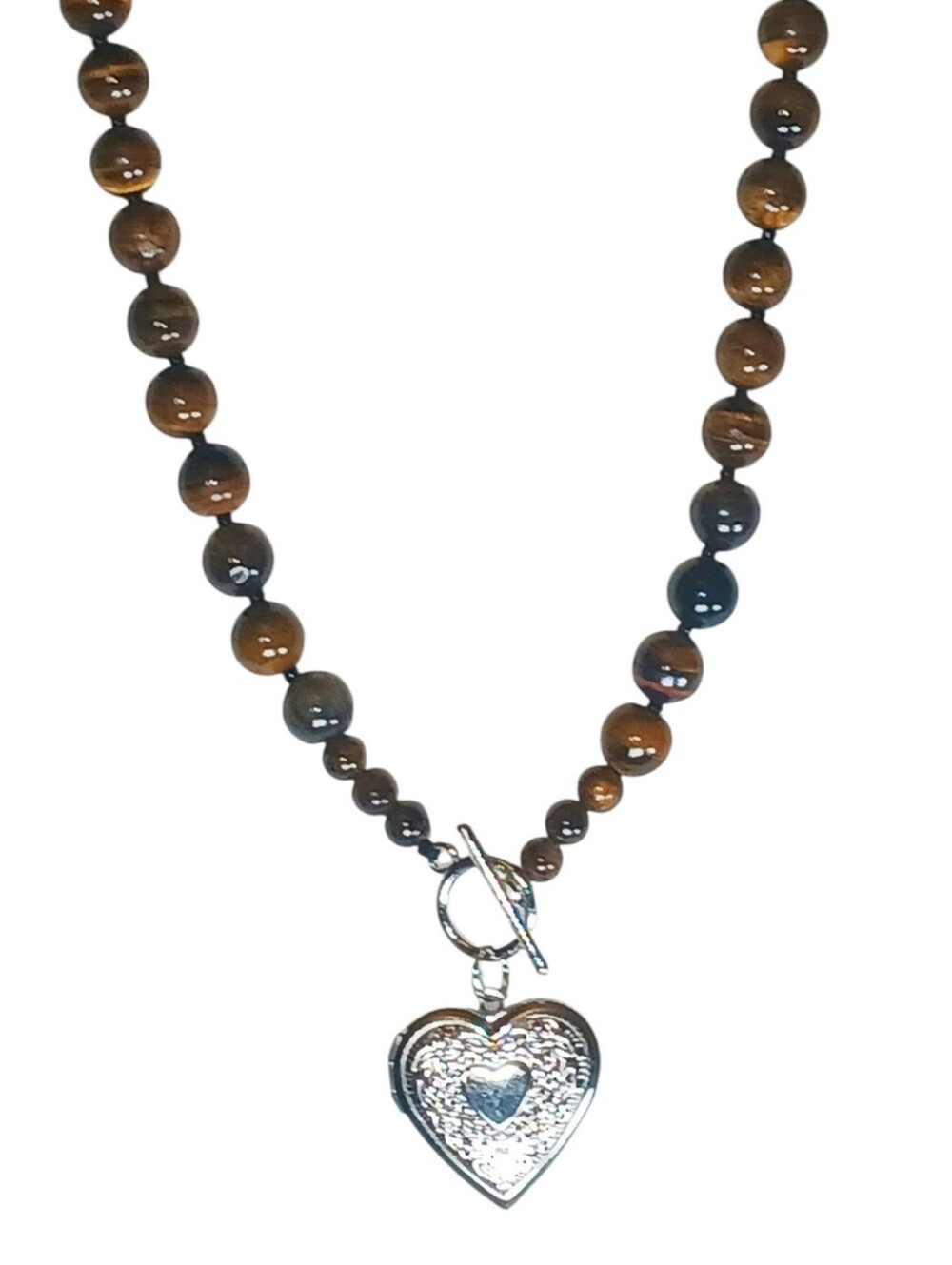 Tiger Eye Silver Toggle Front Clasp Locket Pendant Beaded Gemstone Necklace Y2k